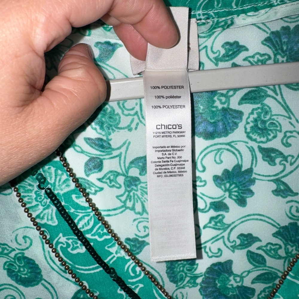 CHICO’S Size 1 Congo Floral Tunic Pullover Semi Sheer Top Green/ White Beaded - Picture 5 of 12